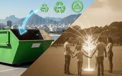 Caçamba verde com ícones de reciclagem e família em parque — missão de descarte responsável no Rio de Janeiro