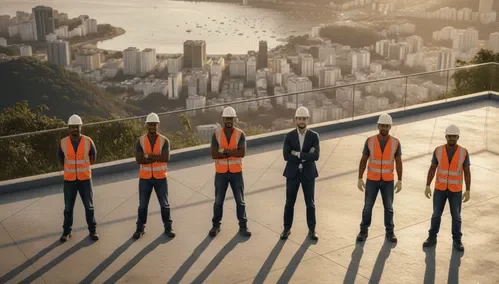 Equipe de profissionais com equipamentos de proteção individual (EPIs) em uma cobertura com vista panorâmica do Rio de Janeiro.