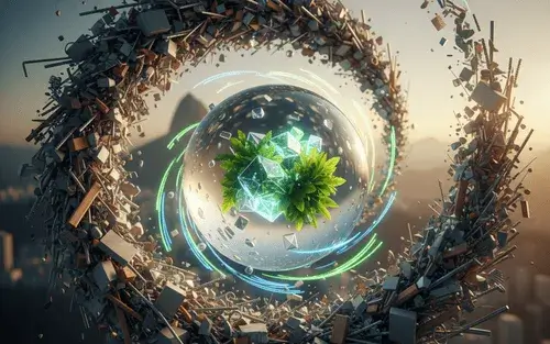 Conceito visual de economia circular com resíduos e vegetação. Visão de sustentabilidade para aluguel de caçambas no Rio de Janeiro.